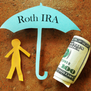 A picture of a paper umbrella that says "Roth IRA", a paper person, and a 100-dollar bill